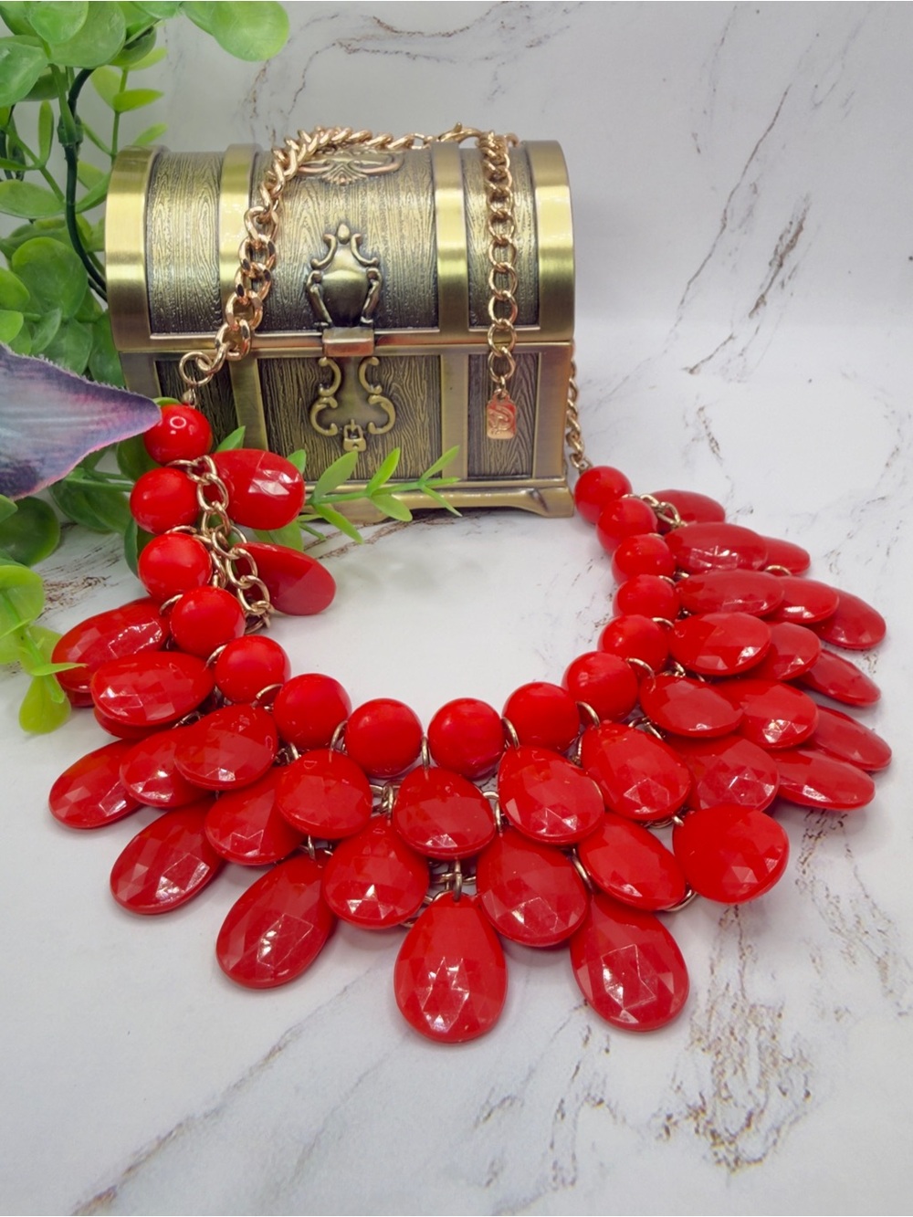 Bold Red Bead Statement Layered Teardrop Dangles Bib Necklace